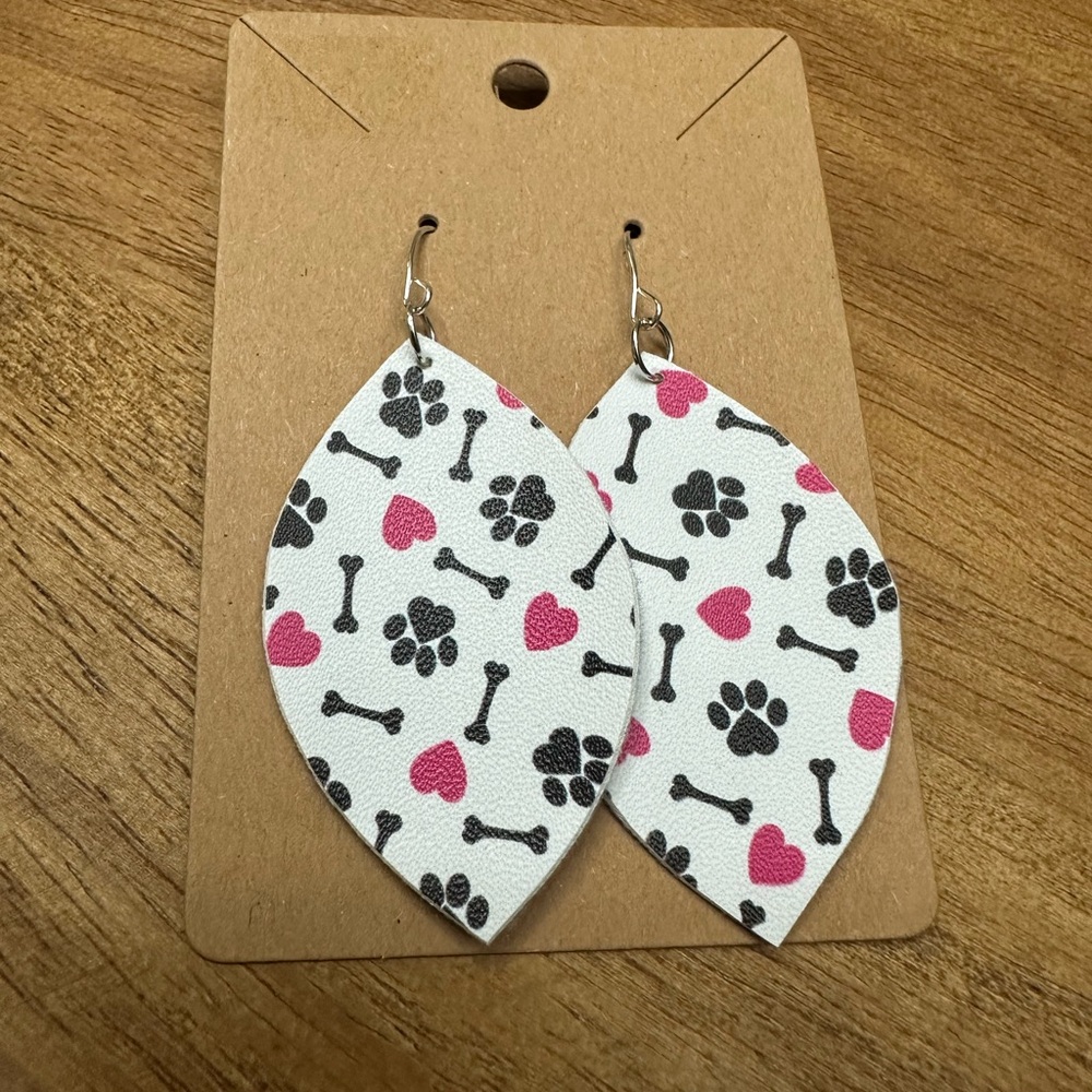 5/$10 White Earrings with Pink Hearts and Black Paw‎ Prints